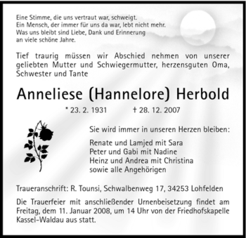 Todesanzeige von Anneliese Herbold von HNA