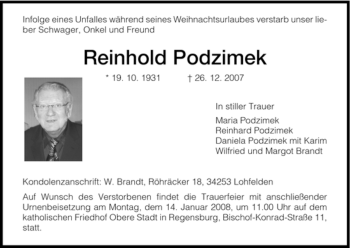 Todesanzeige von Reinhold Podzimek von HNA