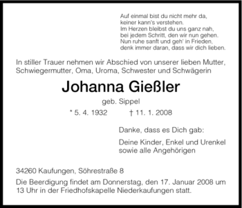 Todesanzeige von Johanna Giessler von HNA