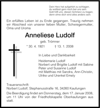 Todesanzeige von Anneliese Ludolf von HNA