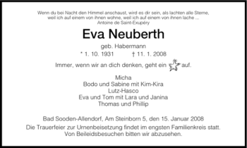 Todesanzeige von Eva Neuberth von HNA