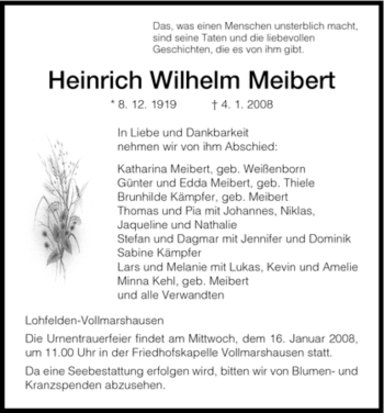 Todesanzeige von Heinrich Wilhelm Meibert von HNA