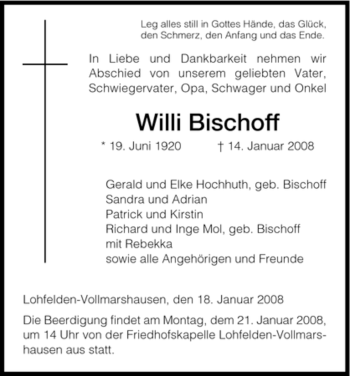 Todesanzeige von Willi Bischoff von HNA