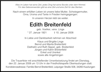 Todesanzeige von Edith Breitenfeld von HNA