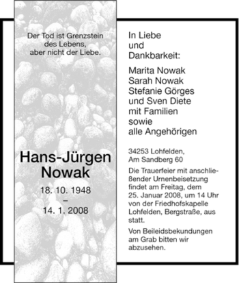 Todesanzeige von Hans-Juergen Nowak von HNA