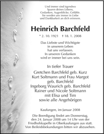 Todesanzeige von Heinrich Barchfeld von HNA