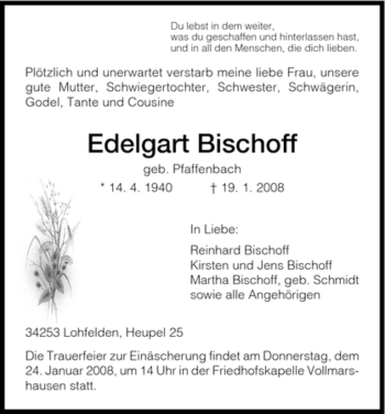 Todesanzeige von Edelgart Bischoff von HNA