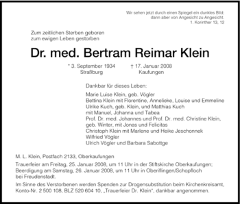 Todesanzeige von Bertram Reimar Klein von HNA