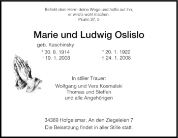 Todesanzeige von Marie & Ludwig Oslislo von HNA