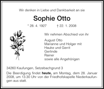 Todesanzeige von Sophie Otto von HNA