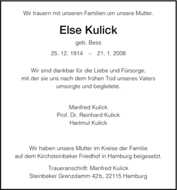 Todesanzeige von Else Kulick von HNA