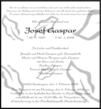 Todesanzeige von Josef Gaspar von HNA
