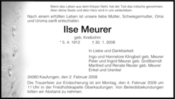 Todesanzeige von Ilse Meurer von HNA