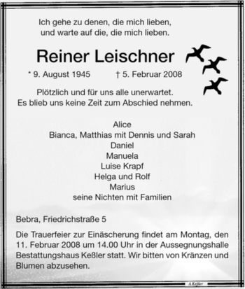 Todesanzeige von Reiner Leischner von HNA