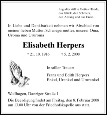 Todesanzeige von Elisabeth Herpers von HNA