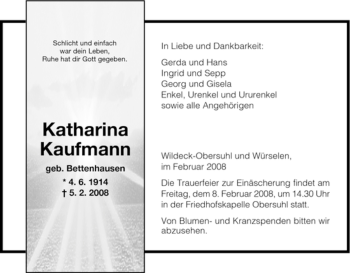 Todesanzeige von Katharina Kaufmann von HNA