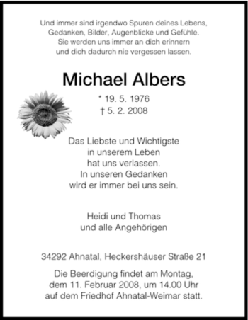 Todesanzeige von Michael Albers von HNA