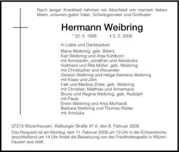 Todesanzeige von Hermann Weibring von HNA