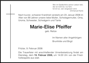 Todesanzeige von Marie-Elise Pfeiffer von HNA