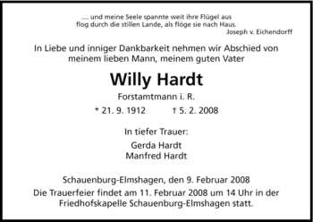 Todesanzeige von Willy Hardt von HNA