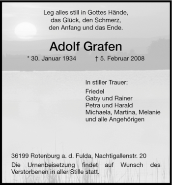 Todesanzeige von Adolf Grafen von HNA