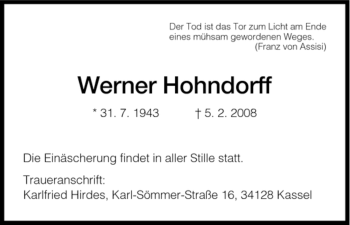 Todesanzeige von Werner Hohndorff von HNA