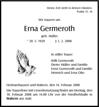 Todesanzeige von Erna Germeroth von HNA