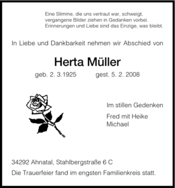 Todesanzeige von Herta Müller von HNA