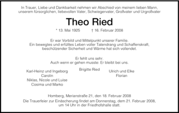 Todesanzeige von Theo Ried von HNA