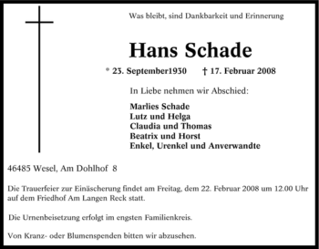 Todesanzeige von Hans Schade von HNA