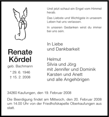 Todesanzeige von Renate Kördel von HNA