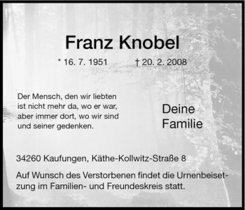Todesanzeige von Franz Knobel von HNA