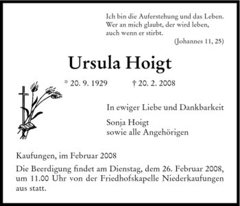 Todesanzeige von Ursula Hoigt von HNA