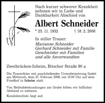 Todesanzeige von Albert Schneider von HNA