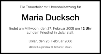 Todesanzeige von Maria Ducksch von HNA