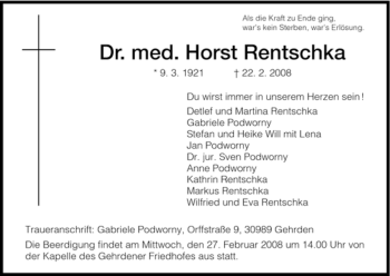 Todesanzeige von Horst Rentschka von HNA