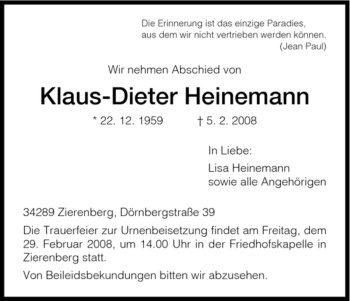 Todesanzeige von Klaus-Dieter Heinemann von HNA