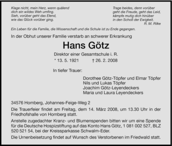 Todesanzeige von Hans Götz von HNA