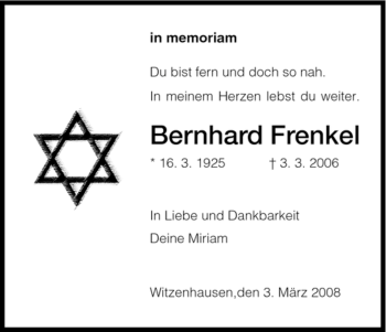 Todesanzeige von Bernhard Frenkel von HNA