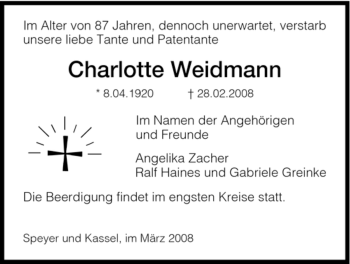 Todesanzeige von Charlotte Weidmann von HNA