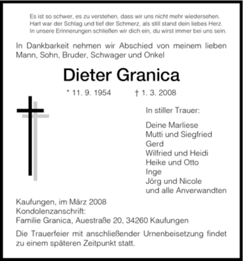 Todesanzeige von Dieter Granica von HNA