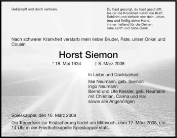 Todesanzeige von Horst Siemon von HNA