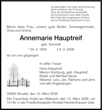 Todesanzeige von Annemarie Hauptreif von HNA
