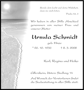 Todesanzeige von Ursula Schmidt von HNA