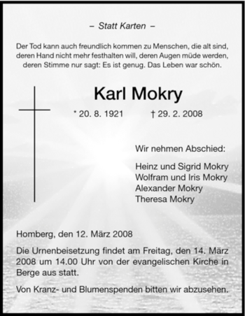 Todesanzeige von Karl Mokry von HNA