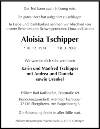 Todesanzeige von Aloisia Tschipper von HNA