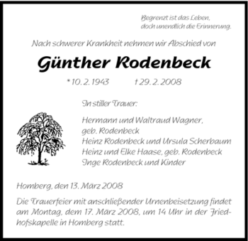Todesanzeige von Günther Rodenbeck von HNA