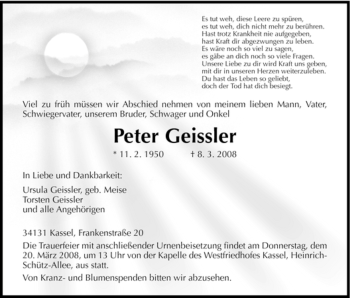 Todesanzeige von Peter Geissler von HNA