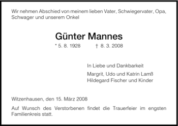 Todesanzeige von Günter Mannes von HNA