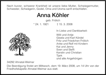 Todesanzeige von Anna Köhler von HNA